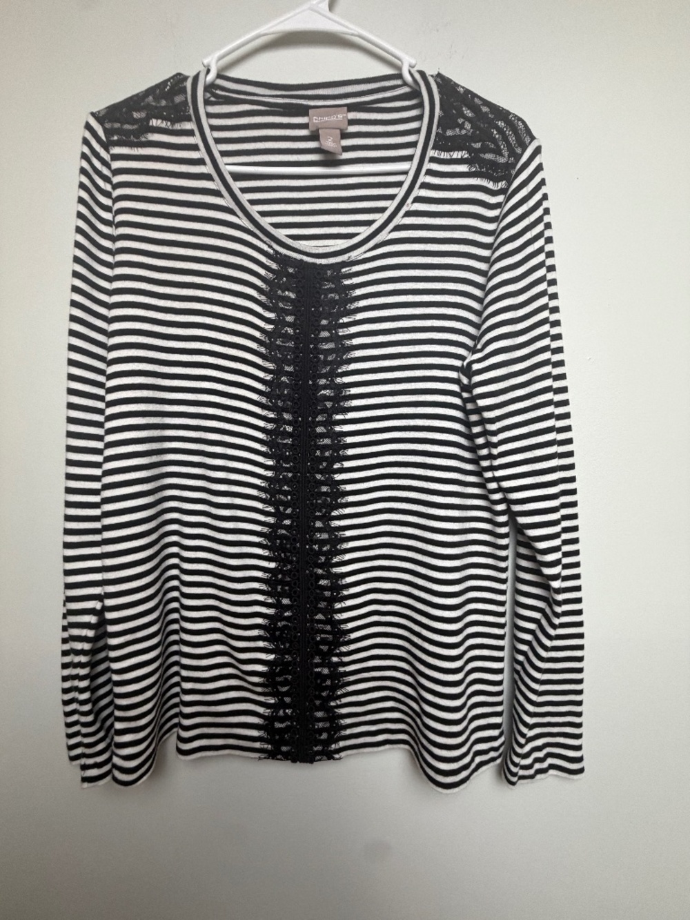 Chico's Striped Lace Trim Top Black & White Size Large